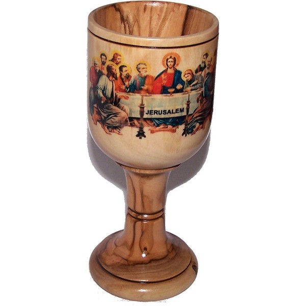 Large Communion Wine Goblet with imprinted Last supper by Laser Technology - Colored - Chalice Olive Wood (6 Inches Large) - Asfour Outlet Trademark