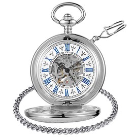 Tiong Vintage Steel Pocket Watch Mechanical Automatic Steampunk Unique Roman Numerals Pocket Watches with Chain Clip for Men