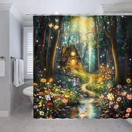 Fsfusvk Fairy Tale World Shower Curtain Fantasy Forest Jungle Cartoon Rainforest Spring Wonderland Wildflower Dream Garden Romantic Polyester Fabric Bathroom Curtain Sets Hooks 70 x 70 Inch