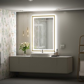 FTOTI 24X36 Inch Led Bathroom Mirror,Frontlit & Backlit Lighted Mirror,Gold Metal Frame Vanity Mirror for Wall,Double Lights Strips,Anti Fog Stepless 3 Colors Temperature & Dimmable