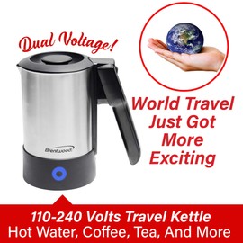BRENTWOOD KT-1506S Dual-Voltage Stainless Steel Electric Travel Kettle, 20 ounces, Silver