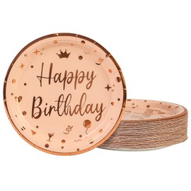 DHAIQC Pack of 50 Birthday Paper Plates 23 cm, Paper Plates Pink Gold Party Plates Disposable Plates Pink with Gold Gold Rim Paper Plates Birthday Party Tableware (Birthday Pink, 23 cm)