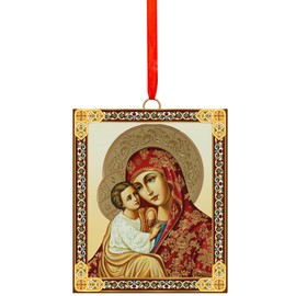 Needzo Christmas Ornaments Catholic Orthodox Madonna and Child Icon Virgin Mary Christ Baby Jesus Nativity of Christ Wooden Icon 2 Sided Ornaments, Red Ribbon, 3 1/16 Inch