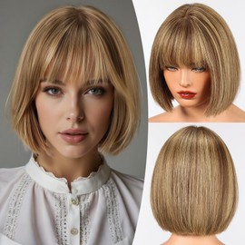 EMMOR 100% Human Hair Wig for Women - 10 Inch Shoulder Length Bob Cut with Bangs & Breathable Cap, Natural Looking for Daily Wear(Mixed Brown)