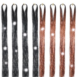 Hair Tinsel 50inch 8packs 1600 Strands Black and Brown Tinsel Hair Extensions Shiny Hair Accessories Sparkling Fairy Glitter Hair Extension for Women Girls Kids(50",Black+Brown)