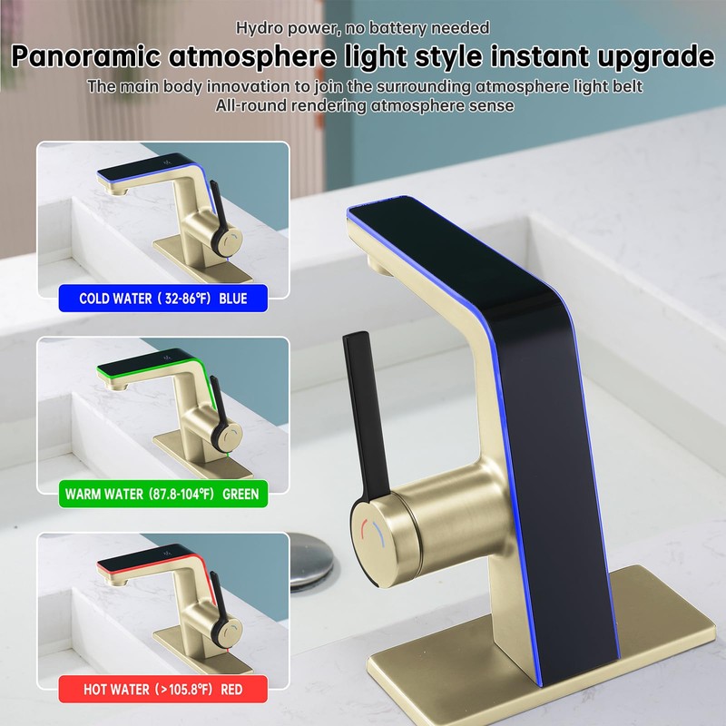 ICREEH LED Bathroom Faucet with Temperature Display, Brushed Gold Bathroom
