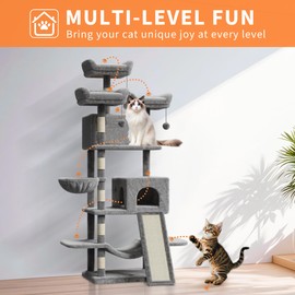 68.5-Inch Multi-Level Cat Tree for Indoor Cats Large Adult Heavy Duty Cat Tower for Large Cats with 2 Condos/Plush Perches/Sisal Scratching Posts/Hammocks/Basket/Dangling Balls, #2605 Light-Grey
