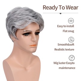 VRbeatter Short Silver Wig for Men Short Wavy Mens Wig Realistic Natural Male Side Part Layered Cosplay Costume Party Natural Daily Hair Synthetic Heat Resistant (MW002A-3517#)