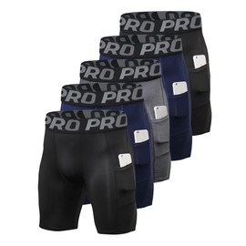 Pantalones cortos de compresión para hombre con bolsillo para teléfono, pantalones cortos de yoga y gimnasio, ropa interior fresca y seca, paquete de 3, 5p: negro, 2 + azul marino, 2 + gris, Large