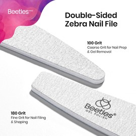 Beetles 2-in-1 Washable Nail File, Zebra Gray Grit Durable Nail Buffer with Diamond and Crescent Shape for Precise Filing, Professional and DIY Manicure Tool for Shaping and Smoothing