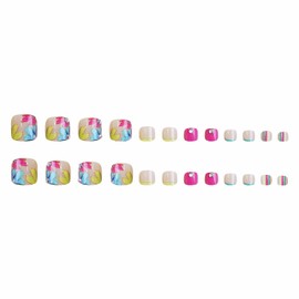 MISUD Press on Toenails - Fake Toe Nails with Flower, Acrylic Toenail Colorful French Tip Design 24 pcs