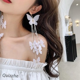 Quizzhe Fairy Butterfly Drop Dangle Earrings Long Tassel Beaded Statement Earrings Vintage Boho White Butterfly Drop Dangling Earrings Party Birthday Bridal Wedding Jewelry for Women (style1)