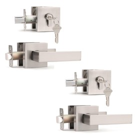 Probrico Brushed Nickel Exterior Door Locksets with Deadbolt, Front Door Passage Handle and Single Cylinder Deadbolt Set, Square Door Lever with Keyed One Side Deadbolt Lock, 2 Pack, Same Keys