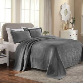 TRP 3 Piece Jacquard Geometric Pattern Cotton Bedspread Full Size Raised Matelasse Woven Design | Shabby Chic Bedding All Seasons Charcoal Gray Color Plush Cozy Feel Cottage Core Coverlet Set