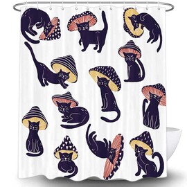 MERCHR Funny Mushroom Cat Shower Curtain for Bathroom, Unique Fun Hilarious Art Fabric Shower Curtains Set, Cute 70s 80s Aesthetic Kids White Restroom Decor Accessories with Hooks 72X72 Inch