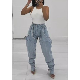 YOOTIKO Women Baggy Jeans Y2k High Waisted Wide Leg Boyfriend Patchwork Ripped Jeans Streetwear Blue