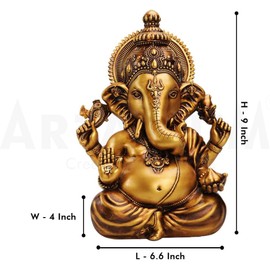 Artarium Vighnaharta Ganesha Statue (9 Inch), Hindu God Ganesha Figurine Idol for Home Decor & Temple Room, Elephant God Sculpture Gift for Men & Women - Golden