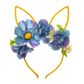 Bubbmi Easter Bunny Ear Headband with Artificial Flowers Crown, Rabbit Long Ear Hairbands Festival Costume Hair Accessories for Girls Women (yellow-blue)