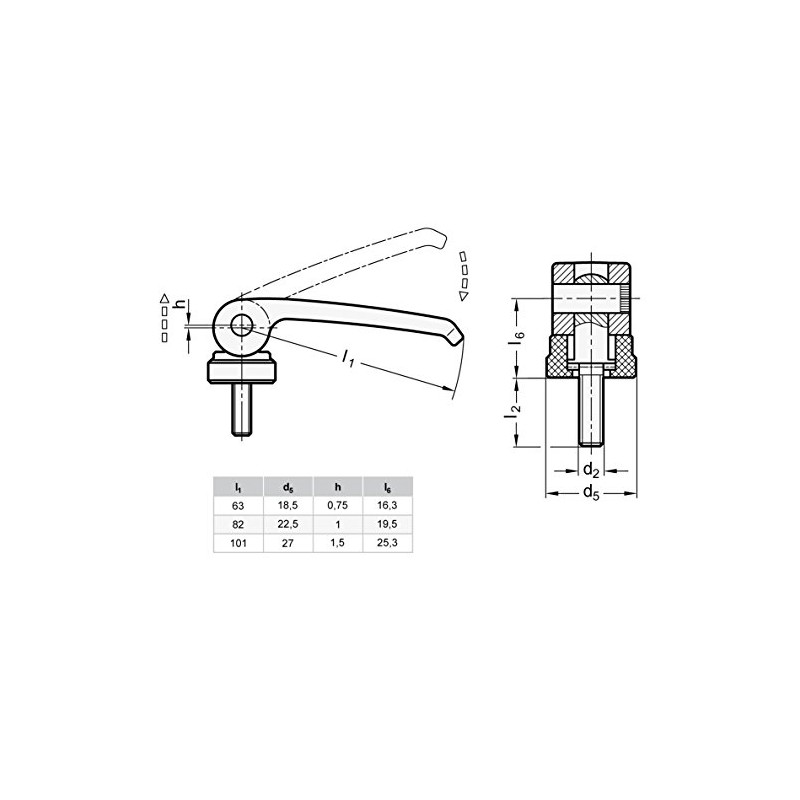 Ganter Normelemente Eccentric clamp with screw, 927-82-M6-60-B, handle length l1: