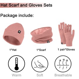 Enwokran 3 In1 Winter Beanie Hat Scarf Gloves Set Thermal Warm Knitted Beanie Cap Soft Fleece Brushed Inner Lining Elastic Circle Neck Warmer Thicken Touchscreen Gloves Winter Set (Pink)