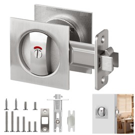 Aglehome Square Pocket Door Lock with Color Coded Indicator, Satin Nickel Contemporary Privacy Pocket Door Hardware, Sliding Pocket Door Lock, Flush Pocket Door Latch for Bed/Bath, 2-3/8" Backset