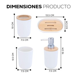 FSY FASILYT Set 4 Accesorios de Baño | Juego Organizador Bambú Elegante | Kit Práctico | Dispensador de Jabón | Jabonera | Vaso Multiusos | Porta Cepillos Dentales| (Blanco)