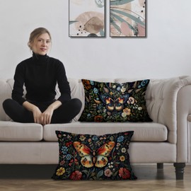 Exqcom Colorful Butterfly Floral Pillow Covers 12x20 Set of 2, Dark Cottagecore Wildflower Botanical Butterfly Moth Decorative Lumbar Pillow Covers for Home Bedroom Living Room