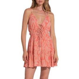 ELAN Women's Spaghetti Strap Tie Front Keyhole Cover-Up Mini Dress (Coral Cartagena Print, Medium)