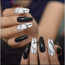 EDA LUXURY BEAUTY BLACK WHITE LUXE MARBLE DESIGN Full Cover Press On Nails Acrylic Nail Kit Artificial Nail Tips False Nails Extra Long Ballerina Coffin Square Nail Art Super Fashion Fake Nails