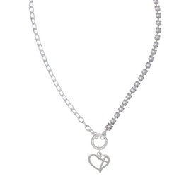 Delight Jewelry Silvertone Heart Outline with diagonal Cross Stronger Braver Smarter Mixed Cable and Imitation Pearl Chain Choker Necklace, 14.75-17"