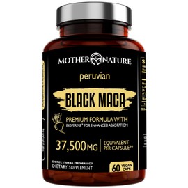 Mother Nature Organics Superfoods for Organic Living Mother Nature 37,500mg 50x Strength Organic High-Potency Peruvian Black Maca Root Capsules for Men 100% Pure Maca Peruana 50:1 Extract to Boost Stamina, Enegy, Muscle Gain - 60ct