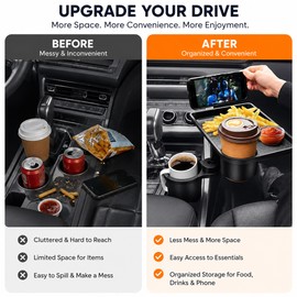 Car Cup Holder Tray for Road Trips – Adjustable Double Drink Holder with 360° Rotating Food Table