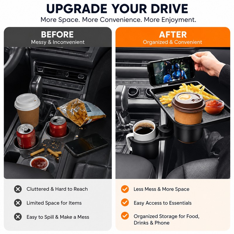 Car Cup Holder Tray for Road Trips – Adjustable Double