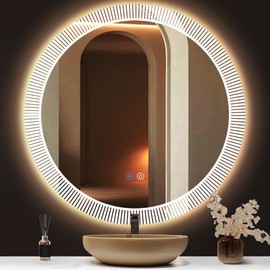 MEIOUKA 24 Inch Backlit Round LED Vanity Mirror with Lights Backlits Round Lighted Mirror for Bathroom Salon Wall LED Circle Mirrors with Strip Shaped Lights Memory Function 3 Color Dimmable AntiFog