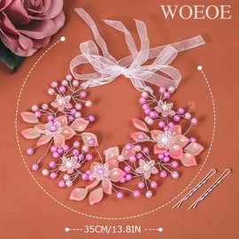 Woeoe Pearl Princess Headpiece Pink Acrylic Flower Headband Floral Hair Band Accessories for Wedding Birthday Party Frist Communion Photography