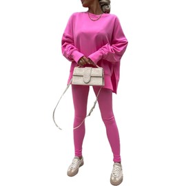 Adogirl Sweatsuit for Women Casual Two Piece Outfits Oversized Pullover Sweatshirts with Thumb Hole Slit Ribbed Pants, Pink, Large