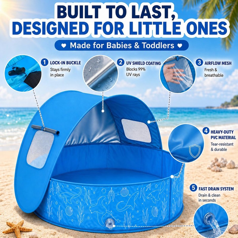 Baby Pool with Canopy, Foldable Pop Up Kiddie Pool with