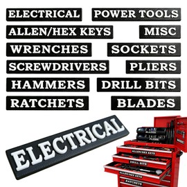 12 PCS Magnetic Toolbox Labels, 3D Raised Tool Box Magnetic Lables, General Toolbox Organize Accessories, Thick Resuable Tags for Steel Toolboxes, Tool Carts & Garage Organization (Black)