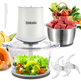 Qinkada Food Processors with 2 Bowls, 400W Meat Grinder, Food Chopper Electric, 2 Speed, 8Cup Glass and 8Cup 304 Stainless Steel, 2 Blades, Spatula (White)
