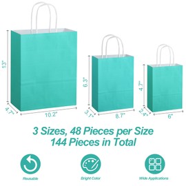 MIMIND 144 Pieces Teal Blue Gift Bags with Handles Assorted Sizes Mint Turquoise Paper Bags Bulk Teal Party Supplies Baby Shower Birthday Wedding Merchandise Bags Retail Shopping Bags Favor Bags
