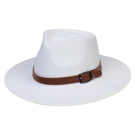 JK Home Wide Brim Fedora Hat - Wool Felt Panama Cap - One Size Unisex Women Men - Brown Leather Buckle Band