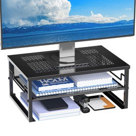 2 Tier Metal Computer Stand Monitor Riser and Computer Desk Organizer, Desktop Organizer for Office Supplies (Black)