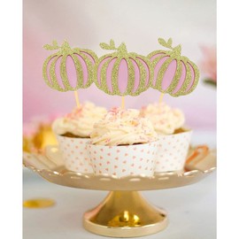 24 Pcs Glitter Pumpkin Cupcake Toppers, Fall Theme Cupcake Decoration for Pumpkin Themed Baby Shower Party Supplies (pink)