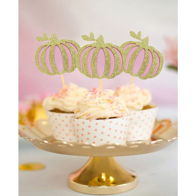 24 Pcs Glitter Pumpkin Cupcake Toppers, Fall Theme Cupcake Decoration