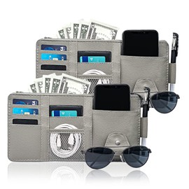Keedolla 2Pcs Car Sun Visor Organizer with Zipper Pocket, Car Truck Visor Storage Pouch Holder Travel Auto Document Holder for Mobile Phone, Sunglasses, Card - Gray