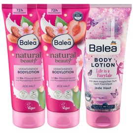Balea 3er-Set Hautpflege: Natural Beauty Bodylotion PFLAUME MANDELMILCH für normale bis trockene Haut (2 x 200 ml) + Bodylotion LIFE IS A FAIRYTALE mit magischem Duft nach Feenstaub (200 ml), 600 ml