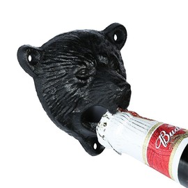 Cast Iron Wall Mount Grizzly Bear Teeth Bite Bottle Opener (Black)