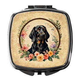 Caroline's Treasures Black and Tan Coonhound and Flowers Compact Mirror Decorative Travel Makeup Mirror for Women Girls Gifts Pocket Makeup Mirror Folding Handheld
