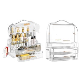 Cosmetics Storage Box Skincare Organizers Large Make_up Case with 2-Layer Drawers Cover Waterproof Dustproof Beauty Cosmetic Display Cases for Vanity Bathroom Countertop Bedroom Dresser (Clear)