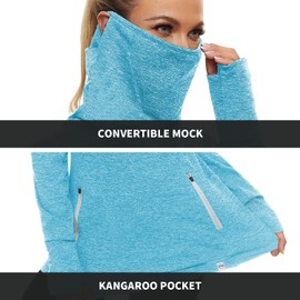 Soneven Womens Thermal Fleece Sweatshirt Long Sleeve Cowl Neck Shirts with Thumbholes Turtle Neck Running Shirts with Thumb Holes Light blue X-Large